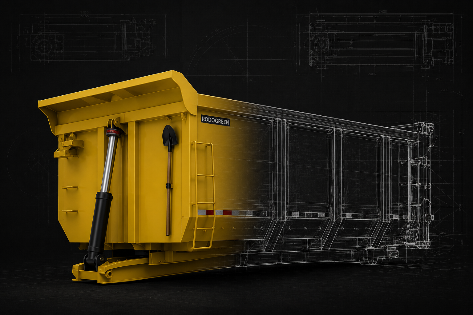 Caçamba basculante Rodogreen evoluindo do desenho técnico para o produto final